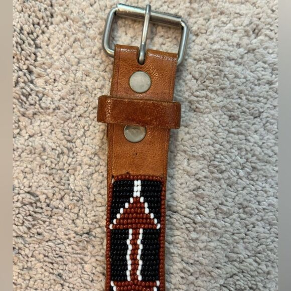 Vintage Leather Brown Red Black Southwestern Boho Hand Beaded Belt - Picture 3 of 7